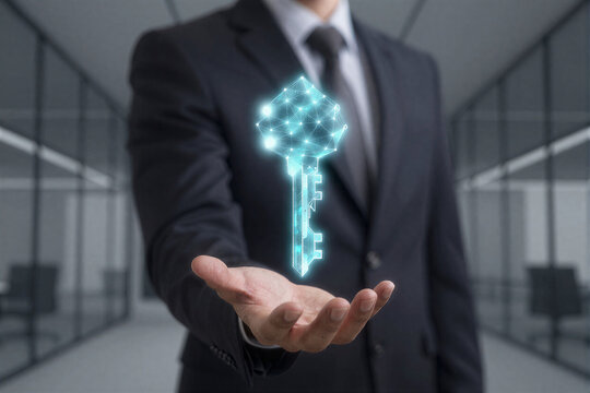 Businessman holding holographic digital key in office - Powered by Adobe