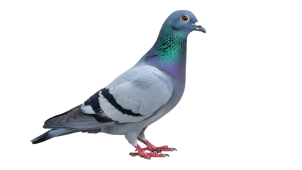 Beautiful homing pigeon standing proudly with vibrant feathers and bright red eyes against a clean white background