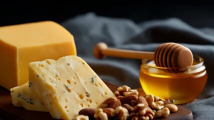 Delicious cheese variety with honey, walnuts, and almonds on wooden board