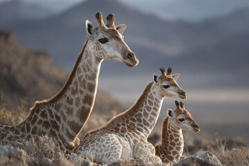 Obraz premium Young giraffe resting with two calves in dry savannah landscape with mountain background, peaceful wildlife scene with soft natural light
