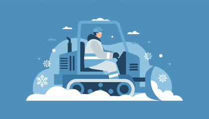 Snowplow operator clearing roads during heavy winter snowfall © VECTOLAB