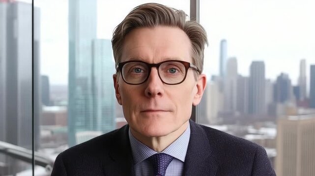 Middle aged man with glasses office overlooking city skyline portrait. thoughtful confident