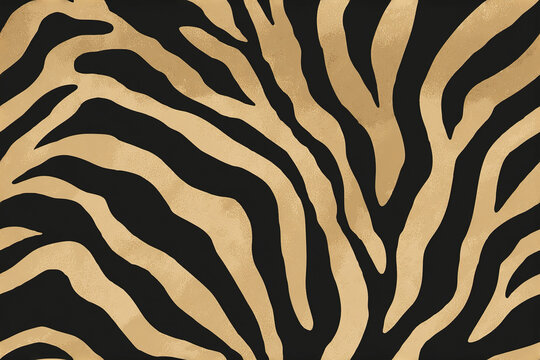 Golden zebra stripe pattern with flowing irregular black stripes creating elegant and dynamic animal print design for fashion or decor use