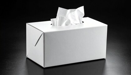 White tissue box with fan-like protruding tissues on reflective surface against dark background