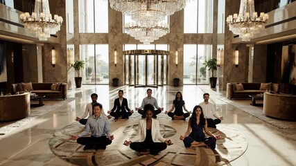 Business professionals finding inner peace and practicing meditation in a luxurious corporate lobby
