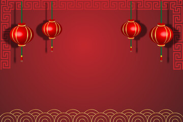 Chinese new year background with red paper lanterns. Vector illustration.