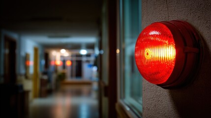 Bright red emergency alarm light inside a building corridor concept of safety