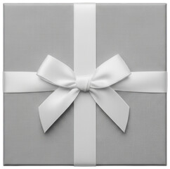 Grey gift box with white ribbon and bow top view