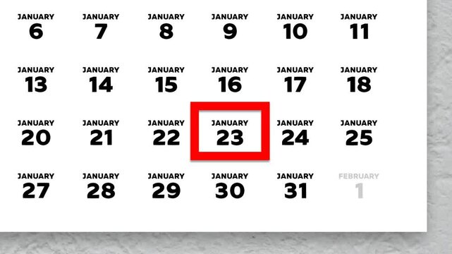 The date January 23rd marked with a red cursor on the wall calendar 2026