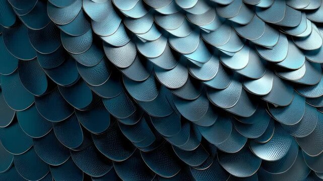 Abstract close up of layered metallic blue scales forming a repeating textured pattern, modern design background with depth and soft reflections