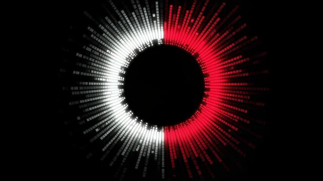 Circular audio visualizer with white and red bars on black background.