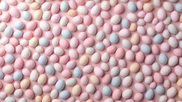 Pastel candy eggs scattered on pink background creating soft festive pattern with cheerful mood