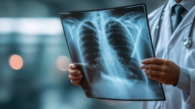 Doctor examining chest X-ray in a medical facility during the day with clear diagnostic intent