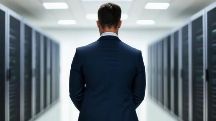 Man in suit in server room aisle monitoring racks and technology with confident focused posture - Powered by Adobe