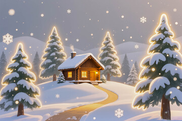Winter scene featuring a cozy wooden cabin with shimmering windows, nestled among snow-covered pine trees illuminated by golden light.