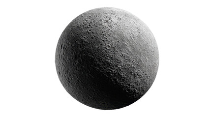 Moon with a heavily cratered sphere and texture, illustrating concepts of space, universe, cosmology, science, research, discovery, and planetary bodies, isolated on a transparent background