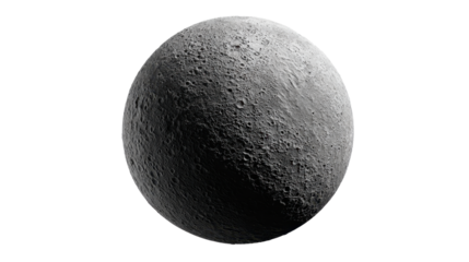 Moon with a heavily cratered sphere and texture, illustrating concepts of space, universe, cosmology, science, research, discovery, and planetary bodies, isolated on a transparent background