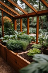 A greenhouse with a variety of plants including herbs and vegetables. The plants are growing in soil and are surrounded by a wooden frame