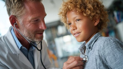 Doctor checks young boy's heartbeat with stethoscope in bright pediatric clinic setting