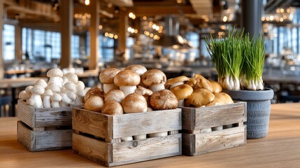Three wooden crates filled with mushrooms and a potted plant. The crates are arranged on a wooden table