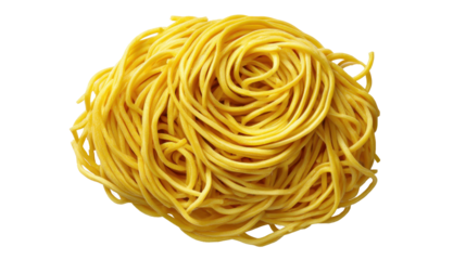 Raw egg noodles forming a round nest shape, ready for cooking ramen, stir fry, or soup, isolated on a transparent background, offering culinary versatility