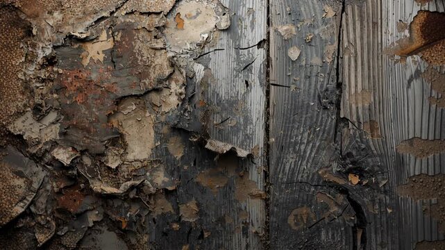 Weathered wooden surface displaying chipping peeling paint creating a grunge texture.