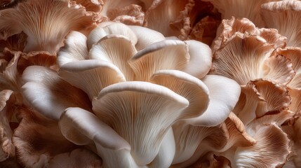 A close up of a bunch of mushrooms with a brownish hue. The mushrooms are arranged in a way that they look like they are growing out of the ground. The image has a natural and earthy feel to it