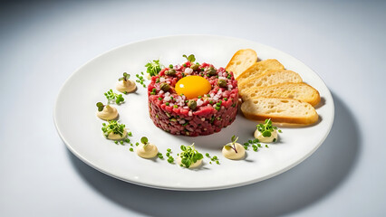 Plate with tasty beef tartare on light background.png cinematic lighting with rich color contrast, refined texture detail, balanced composition, immer