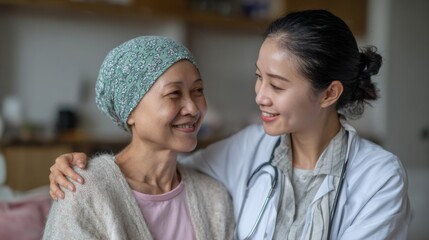 Nurse comforts cancer patient in a warm, supportive hospital environment during treatment in the afternoon