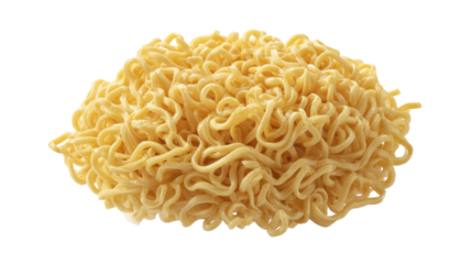 Dehydrated yellow wheat noodles forming a compact block, ready for boiling and adding soup ingredients, representing fast food preparation and asian cuisine