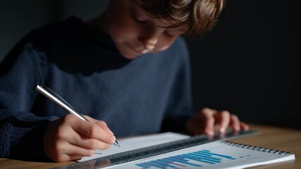 A child sits at a table and studies charts and graphs with focus. The child writes notes on a piece of paper while the indoor light softens the room - Powered by Adobe