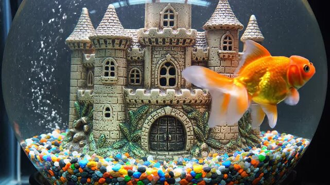 Goldfish Swimming Past a Miniature Castle Ornament