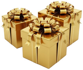 Three shiny golden gift boxes with ornate bows isolated on transparent background