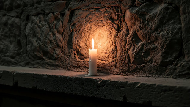 Holocaust Remembrance Candle Casting Shadows on Stone Wall