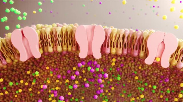 Imbalance in cell membrane calcium ion channels disrupts receptor entry sequence, causing disorders in the nervous and cardiovascular systems. MOA, cellular microstructure, 3D animation.