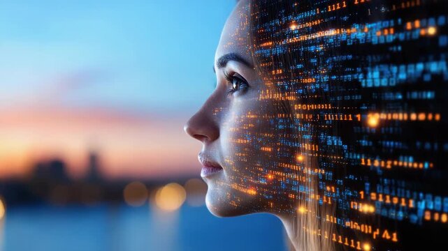 Young woman profile face with digital code overlay. reflective futuristic mood profile