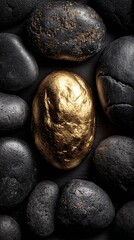 Unique Golden Rock Surrounded by Black Stones.Minimal conceptual photo of a shiny golden stone placed among matte black pebbles, symbolizing uniqueness, value, leadership, and contrast.