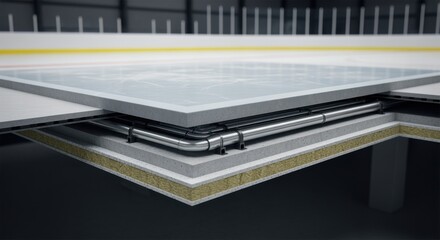 Crosssectional illustration showing layered assembly of icerink floor including refrigeration pipe grid insulation and concrete slab for professional cooling system.