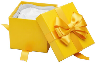 Open yellow gift box with white tissue paper and golden ribbon