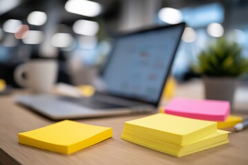Close-up of colorful sticky notes and laptop on office desk