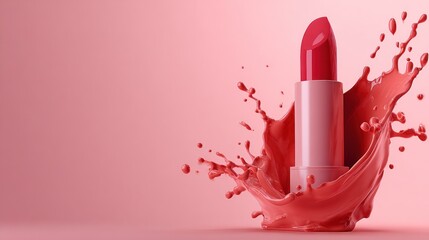 Pink lipstick product with splash effect cosmetic beauty concept