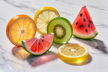 Translucent slices of orange, lemon, kiwi, and watermelon arranged on a reflective marble tabletop. Bright natural light creates soft shadows
