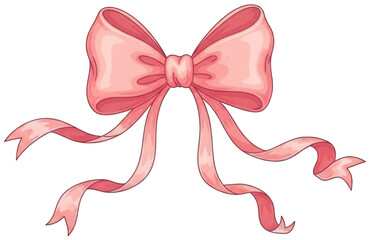 Pink satin bow with flowing ribbons on transparent background