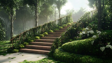 Biophilic design playground with moss-covered steps and wild vine-wrapped railings