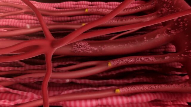 Blood clots blockage in blood vessels, lead to damage to myocardial cells, accumulation of atherosclerotic plaques and vascular waste, stroke, cerebral and myocardial infarction, vascular disease, 3D.