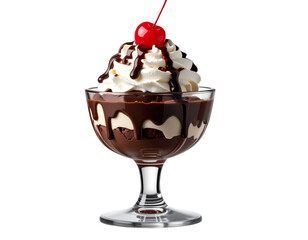 Chocolate Ice Cream Sundae in Vintage Glass with Cherry, isolated on a transparent background&rdquo;