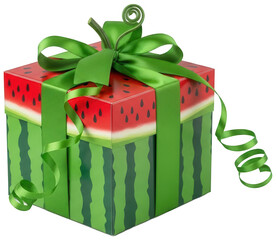 Bright watermelon patterned square gift box tied with large green satin ribbon and bow isolated on transparent background