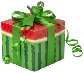 Bright watermelon patterned square gift box tied with large green satin ribbon and bow isolated on transparent background