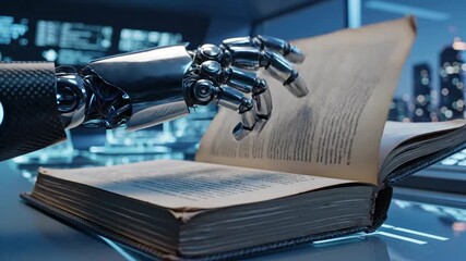 Robotic hand turning pages of an old book, symbolizing artificial intelligence and knowledge acquisition in a futuristic setting