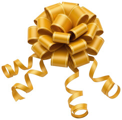 Golden decorative gift bow with trailing ribbons on a transparent background